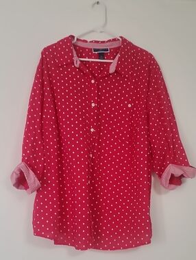 Bright Pink Fuschia Polka Dot Button-Up Blouse